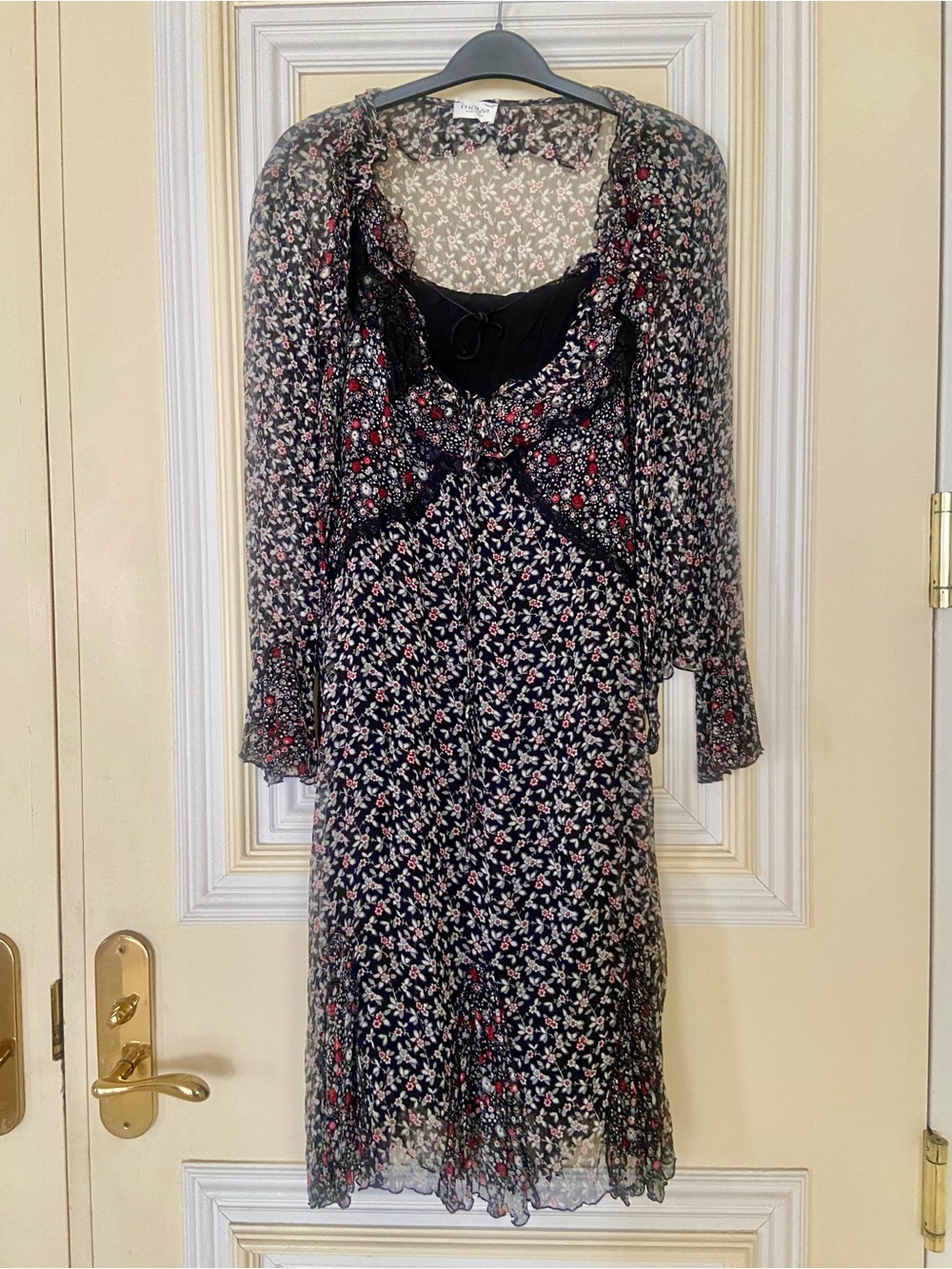 Motivi Black Floral Midi Dress with Sheer Overlay